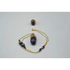 Barse Thailand Necklace & Ring Blue Stone Azurite Gold Tone Jewelry Set